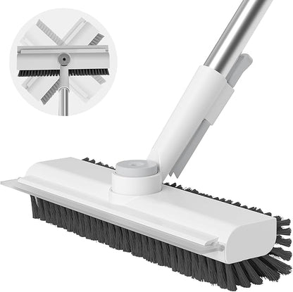 Floor Scrub Brush with Long Handle, 3 in 1 Scrape and Heavy-Duty Stiff Bristle Scrubber Brush for Cleaning Shower Bathroom, Patio, Pool, Garage, Kitchen, Wall and Deck (White, 1 Pack)
