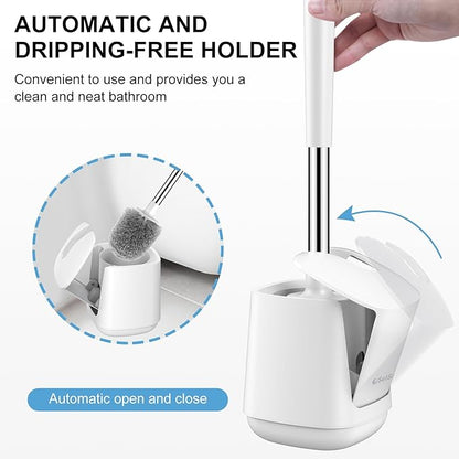 SetSail Toilet Brush 2 Pack, Self Closing Lid Toilet Bowl Brushes Holder and Extra Long Handle Ventilated Toilet Brush Set for Bathroom Cleaning, Nylon Bristles, Pure White