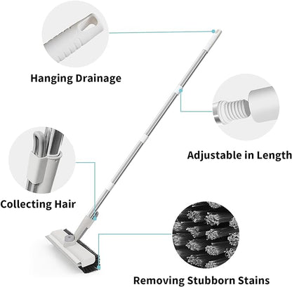 Floor Scrub Brush with Long Handle, 3 in 1 Scrape and Heavy-Duty Stiff Bristle Scrubber Brush for Cleaning Shower Bathroom, Patio, Pool, Garage, Kitchen, Wall and Deck (White, 1 Pack)