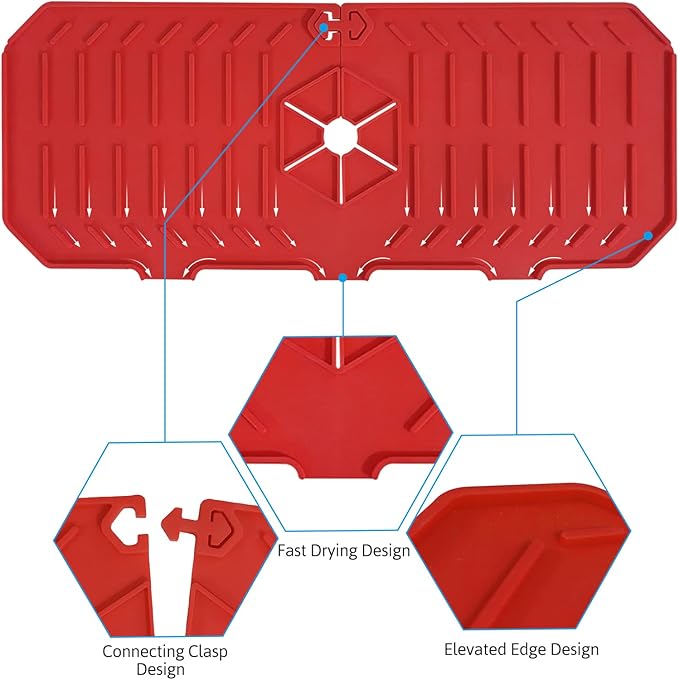 Silicone Faucet Handle Drip Catcher Tray, Faucet Mat for Kitchen Sink Splash Guard Behind Faucet for or Bathroom Farmhouse Bar Countertop RV(Red), 14.6x5.9x0.2