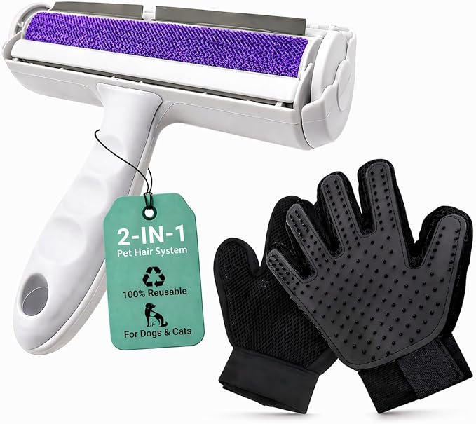 Pet Hair Remover Roller with 2 Grooming Gloves – Reusable Lint Remover for Dogs and Cats (Purple)