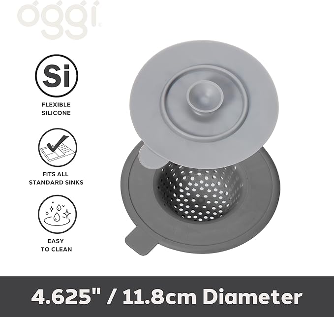 OGGI Silicone Sink Strainer & Stopper Set- Great Kitchen Sink Strainer, Silicone Drain Stopper, Sink Drain Strainer, Sink Plug 4.6˝ Diameter Rim, Gray (Pack of 2)