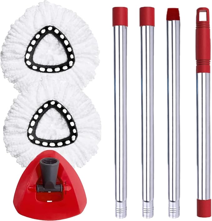 ANREKEYH Spin Mop Head, Base, Handle Replacement for O-Ceda EasyWring Microfiber Spin Mops, 2 Microfiber Mop Refills, 1 Triangle Head Cover and 30-58in Handle Set Combo (White(1 Tank System))