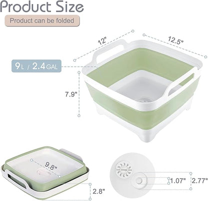 2.4 Gal(9L) Collapsible Dish Basin with Drain Plug, Space Saving Outdoor Multiuse Foldable Sink Tub, Dishpan, Kitchen Storage Tray for Camping, Vegetable Washing, RV (Green)