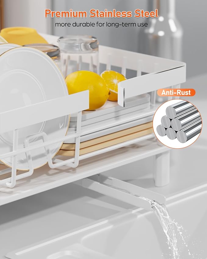 Dish Drying Rack for Kitchen Counter, Multifunctional Dish Rack with 360° Adjustable Spout, Kitchen Organizers and Storage with Cutlery Holder, White