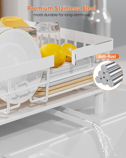 Dish Drying Rack for Kitchen Counter, Multifunctional Dish Rack with 360° Adjustable Spout, Kitchen Organizers and Storage with Cutlery Holder, White