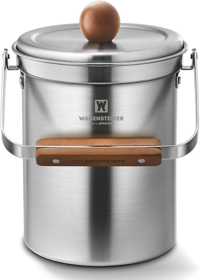 WAGENSTEIGER Kitchen Countertop Compost Bin 101ounces / 3Liters with Airtight Lid, SUS304 Stainless Steel Odor-Free Food Waste Bin with Wooden Handle Stylish Design/Bathroom Trash Can (Silver)