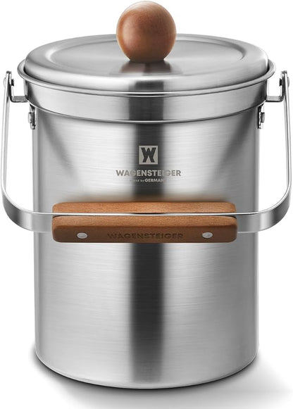 WAGENSTEIGER Kitchen Countertop Compost Bin 101ounces / 3Liters with Airtight Lid, SUS304 Stainless Steel Odor-Free Food Waste Bin with Wooden Handle Stylish Design/Bathroom Trash Can (Silver)
