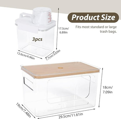 11.6"×7.5"×7" Large Trash Bag Holder with Bamboo Lid 3Pcs Air Tight Laundry Detergent Organizers with lid Measuring Cup Dishwasher Pod Holder Stackable Containers Under Sink for Kitchen Laundry Room