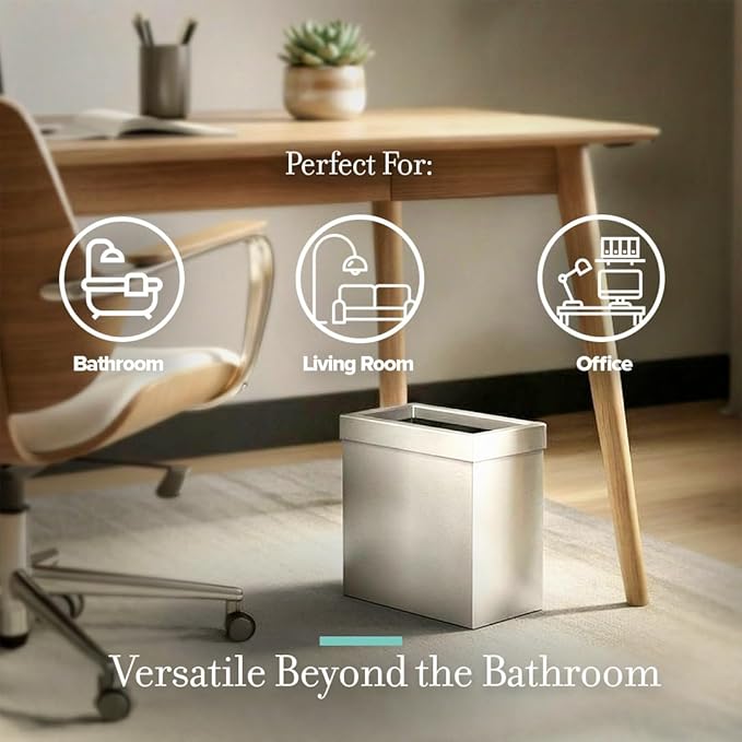 Gatco Modern Rectangle Wastebasket, Satin Nickel - Stainless Steel Trash Can with Removable Lid, Leakproof, 3 Gallon Capacity for Bathroom, Bedroom, Kitchen, or Office