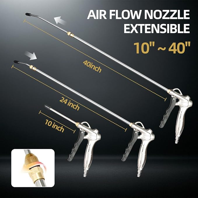 Yolass Heavy-Duty Extendable Air Blow Gun (19-41 Inch) - High Volume Powerful Pneumatic Tool, 360° SwivelHook, Ideal for Narrow Gaps Dust Cleaning, Pneumatic Compressor Accessory for Dust Cleaning