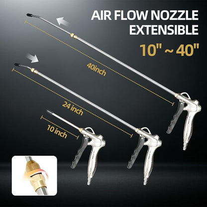 Yolass Heavy-Duty Extendable Air Blow Gun (19-41 Inch) - High Volume Powerful Pneumatic Tool, 360° SwivelHook, Ideal for Narrow Gaps Dust Cleaning, Pneumatic Compressor Accessory for Dust Cleaning