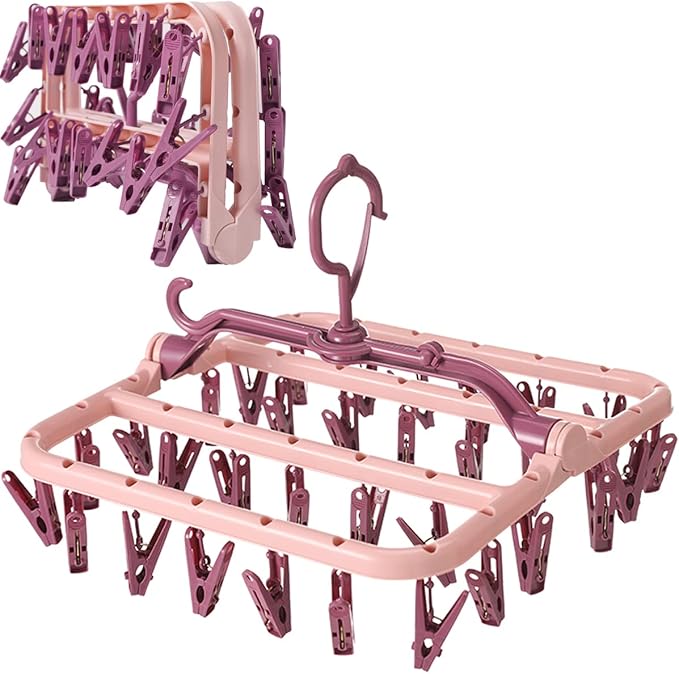 Foshine Clothes Drying Racks Foldable Clip Hangers Plastic with 32 Drying Clips Wind-Proof Hook Underwear Hanger for Socks Bras (Pink)