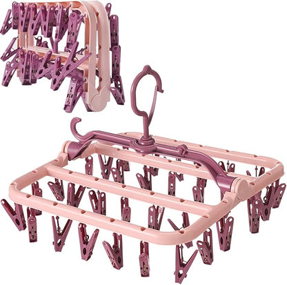 Foshine Clothes Drying Racks Foldable Clip Hangers Plastic with 32 Drying Clips Wind-Proof Hook Underwear Hanger for Socks Bras (Pink)