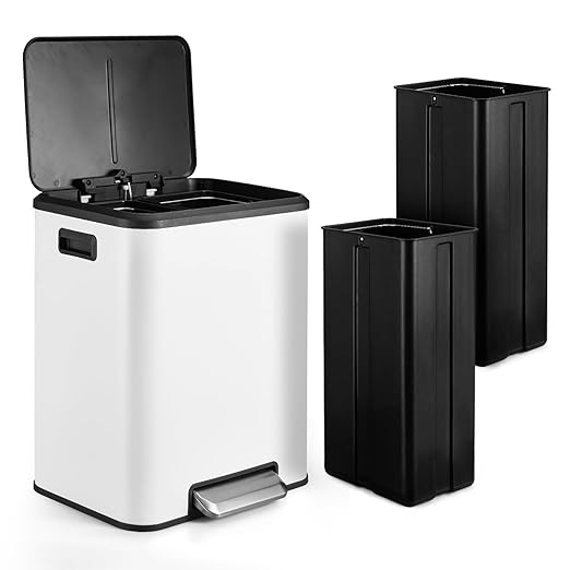 GAOMON Dual Bin Rectangular Trash Can, Stainless Steel Waste Bin with Lid, 30 Liters (2 X 15 L), Trash Can with Recycling Bin Combination, Soft Close and Airtight Lid - White