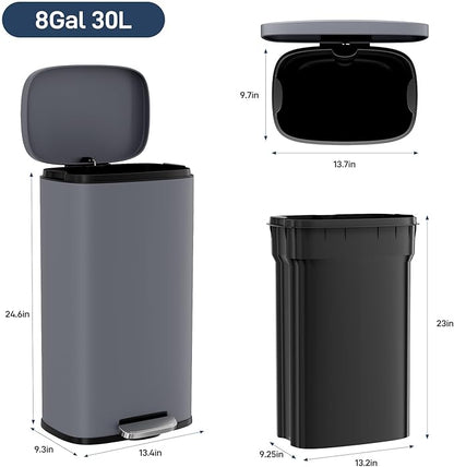 Arlopu 8 Gallon Step Trash Can, Stainless Steel Garbage Bin, Soft-Close Rubbish Bin with Removable Plastic Inner Bucket, Fingerprint-Proof, Lid Dustbin, Suit for Kitchen Home (Grey, 30L)