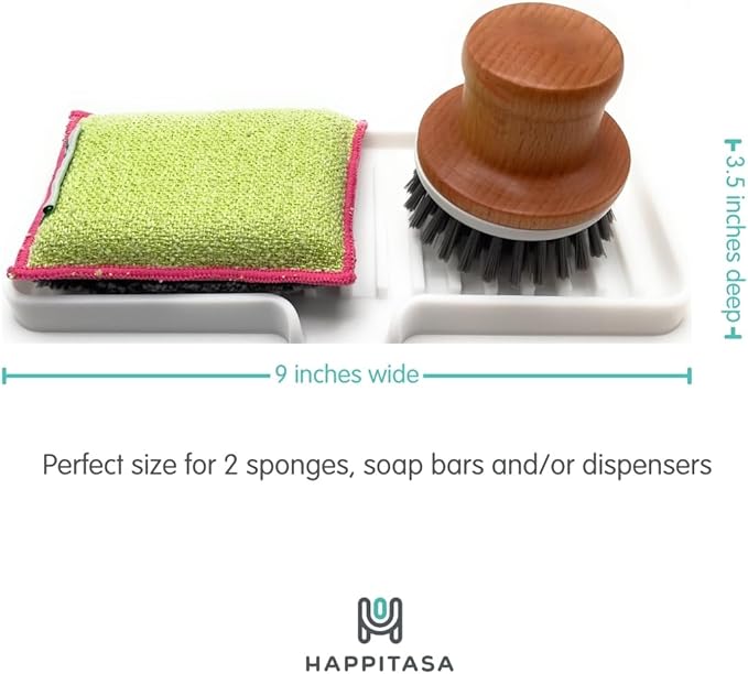 Silicone Soap Dish Tray and Sponge Holder with Drain Chute, Rectangular, Kitchen and Bathroom Sink Organizer (Light Grey, 9"x3.5")