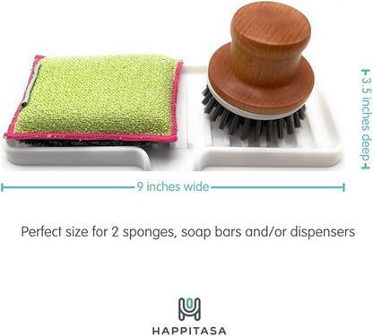 Silicone Soap Dish Tray and Sponge Holder with Drain Chute, Rectangular, Kitchen and Bathroom Sink Organizer (White, 9"x3.5")