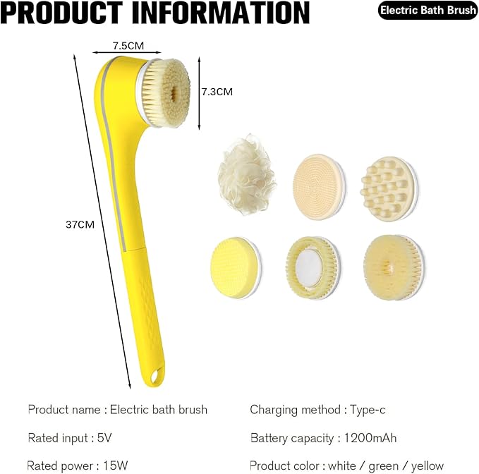 Electric Body Brush Set for Showering,Exfoliating Bath Brush Long Handle for Shower Lotion Applicator for Back Silicone Body Scrubber with 6 Shower Brush Heads for Women Men Gifts (Yellow)