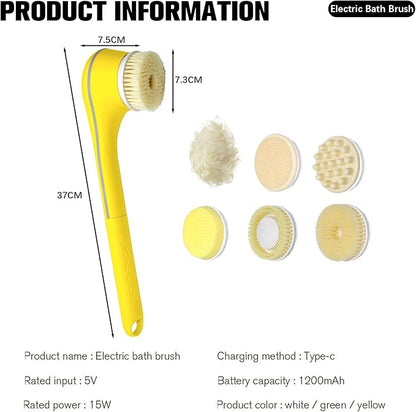 Electric Body Brush Set for Showering,Exfoliating Bath Brush Long Handle for Shower Lotion Applicator for Back Silicone Body Scrubber with 6 Shower Brush Heads for Women Men Gifts (Yellow)