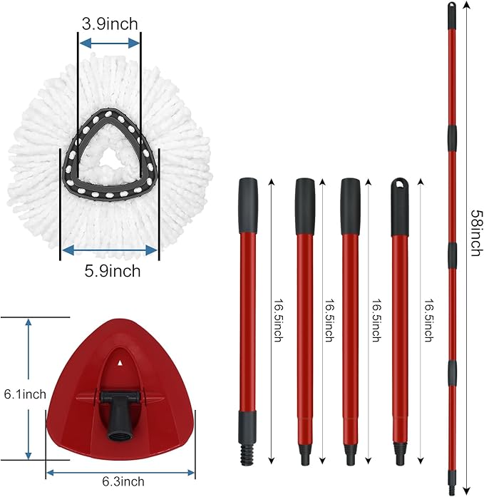 Mop Replace Heads Mop Handle and Base Replacement for O Cedar EasyWring 1-Tank Spin Mop System, 2 Microfiber Mops Refills, 4-Section Iron Mop Handle 30-58Inch and 1 Mopping Heads Cover Set (No Bucket)