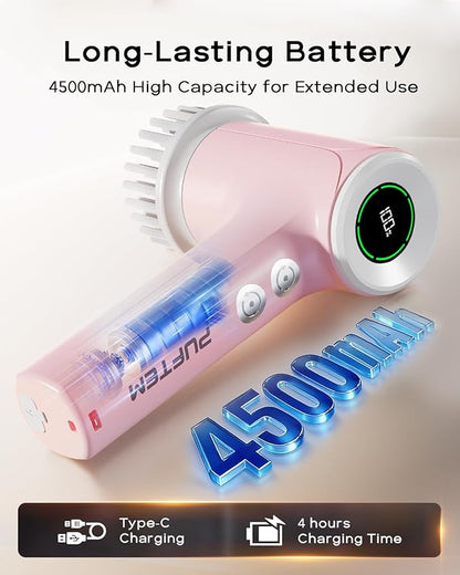 PUFTEM Electric Spin Scrubber for Bathroom Cleaning, Cordless Shower Scrubber with 6 Brush Heads, Dual-Direction Rotation, Handheld Cleaning Brush for Grout, Tile, Tub, Sink & Corners, Pink