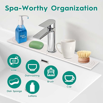 24 Inch Stone Faucet Mat for Kitchen Sink,Kitchen Sink Splash Guard-Water Absorbing Stone Tray for Sink,Super Absorbent, Diatomite Protector with Drainage for Kitchen Bathroom Counter(White）