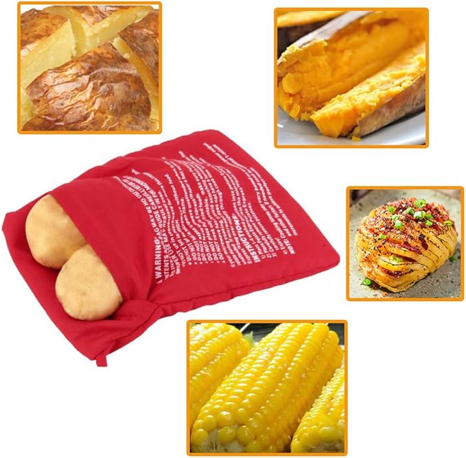 Premium Microwave Potato Bag Kit, with 2PCS Silicone Vegetable Scrubber Brush, Reusable Baked Potato Pouch and Multipurpose Silicone Dish Sponge - Perfect Dishes in Just 4 Min (Red)