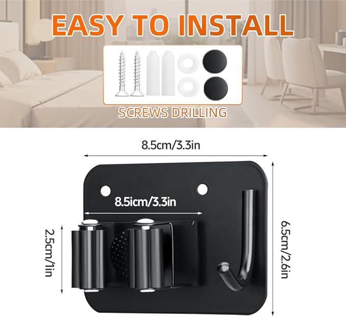 4-Pack Single Mop Holder with A Sturdy Hook. Non-Slip Broom Dustpan Rack, Wall Mount Stainless Steel Storage Hanger with Screws for Garage Bathroom Garden Kitchen, Matte Black.