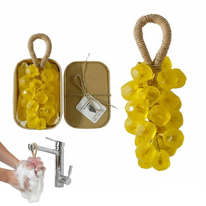 Grape Soap on a Rope Handmade, 25 Grapes Decorative Bath Bar, Soft Lather Cluster Soap for Hand, Face & Body, Multi-Use Hanging Scent Accent (1, Lemon)