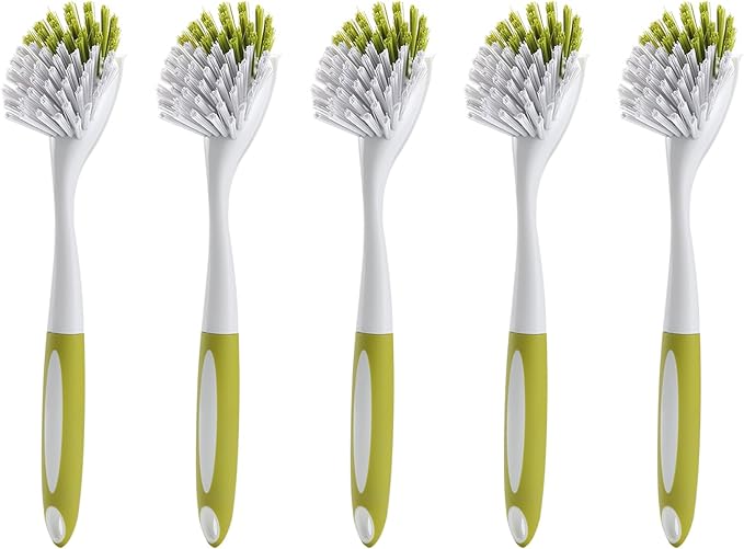 Dish Brush with Handle, Stiff Bristles Dish Scrubber for Pots, Pans & Sink Cleaning, 5 Pack