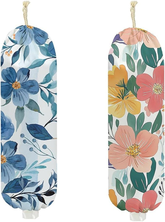 2Pcs Flower Plastic Bag Holder, Wall Mount Grocery Bag Holder for Plastic Bags, Colorful Floral Reusable Grocery Bags Storage Dispenser for Home Kitchen Decor, Flower Gifts for Women Mom, 22.5x9 Inch
