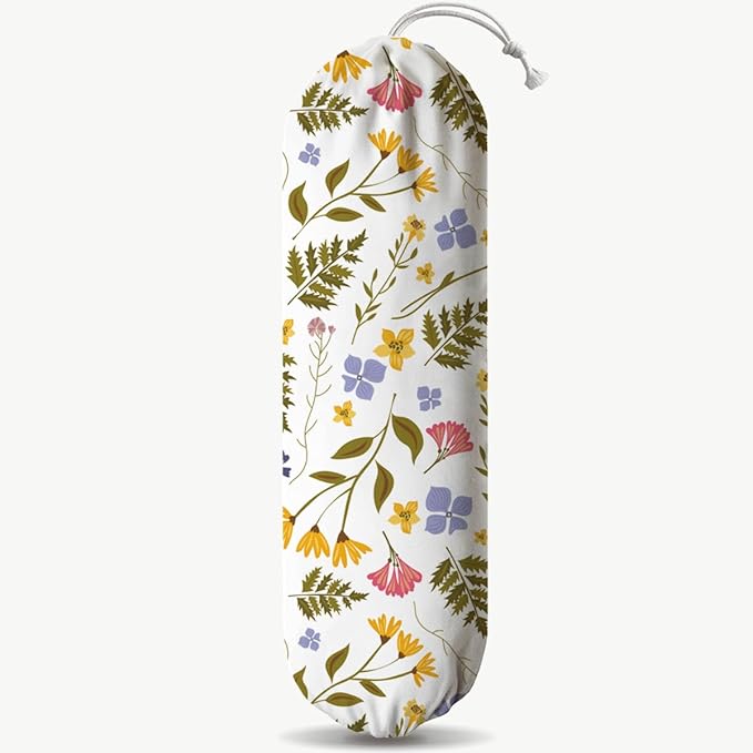 Weeds Plastic Bag Holder, Reusable Washable Shopping Bags Storage Carrier, Floral Fabric Garbage Trash Bag Dispenser for Home Kitchen Pantry Cabinet, Wall Mount, Kitchen Housewarming Gifts