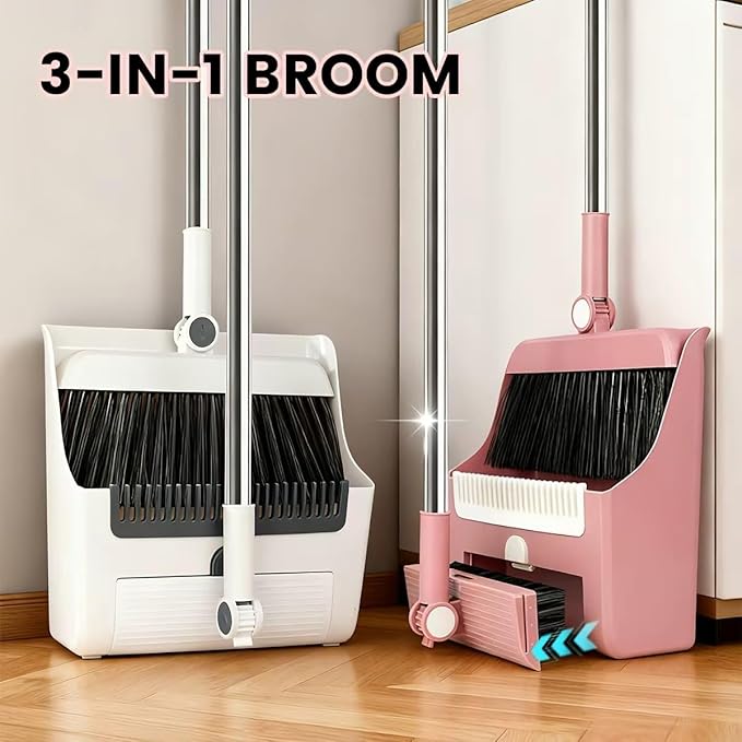 3in1 Broom and Dustpan Combo with Cleaning Teeth, Adjustable Long Handle, 180° Rotating Broom,Ideal for Pet Hair, Indoor Outdoor Heavy Duty Floor Sweeping (Pink)