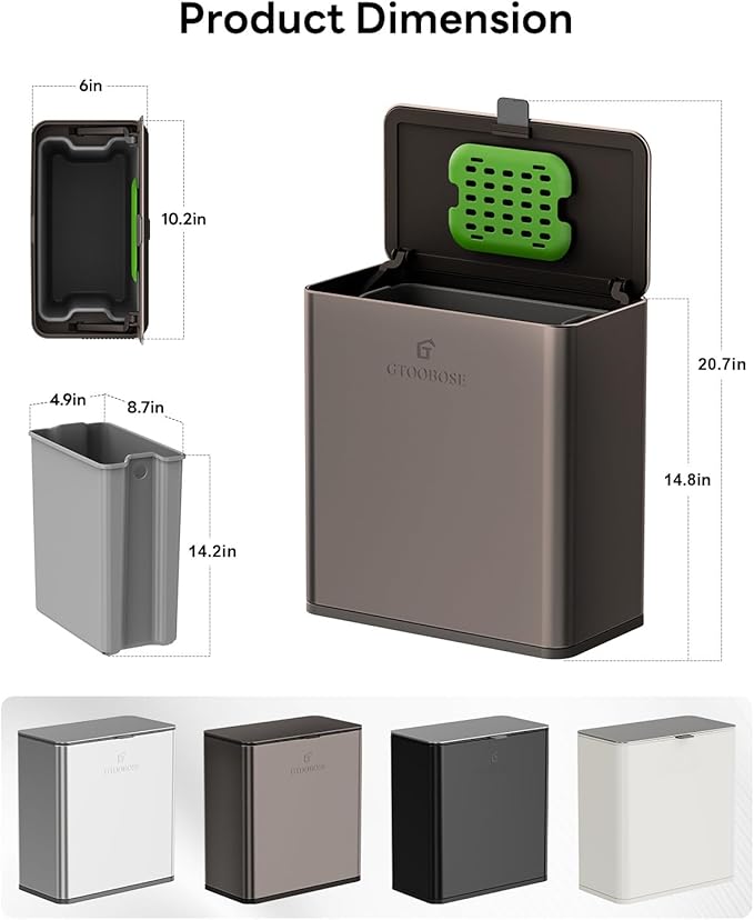 Kitchen Compost Bin, 10L/2.6G Trash Can with Lid, Slim Stainless Steel Hanging Garbage Bin for Kitchen, Bathroom, Bedroom, Office, Wall Mounted Compost Bin with Inner Bucket,Titanium Grey