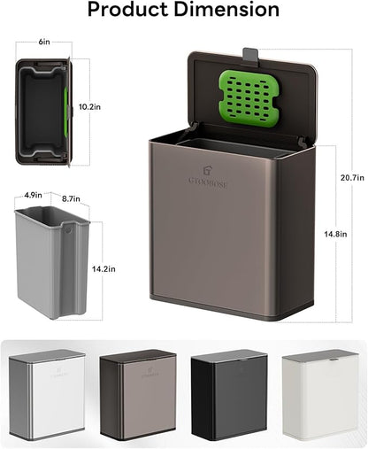 Kitchen Compost Bin, 10L/2.6G Trash Can with Lid, Slim Stainless Steel Hanging Garbage Bin for Kitchen, Bathroom, Bedroom, Office, Wall Mounted Compost Bin with Inner Bucket,Titanium Grey