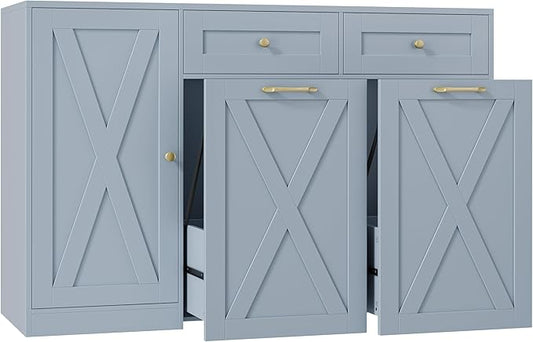 HOSTACK 12.5 Gallon Kitchen Trash Cabinet, 47" Double Trash Can Cabinet, Large Pull Out Can Storage Drawers, Wood Farmhouse Hidden Garbage Storage Buffet for Kitchen, Dining Room, Blue