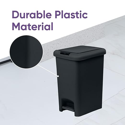 Superio 10L Slim Step & Push Trash Can - 2.7 Gallon Dual Opening, Compact Design (10.63"x7.68"x13.53") - Black