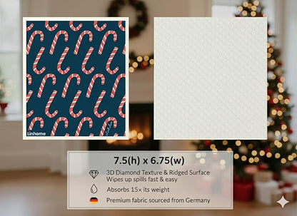 Christmas Holiday Swedish Dishcloth, Reusable Paper Towel, Super Absorbent Cellulose Sponge, Washable Kitchen Cleaning Cloth (Holiday Candy Cane - 1 Pack)