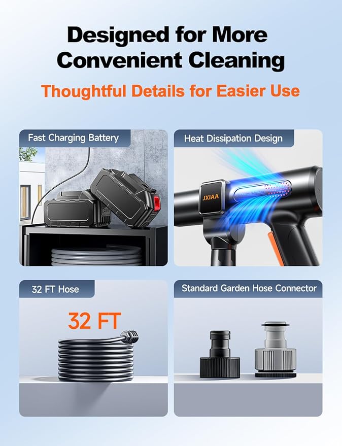 Portable Cordless Washer, Handheld Car Cleaning Kit with Brushless Motor, 6-in-1 Nozzle and 32 FT Detachable Hose for Cars, Garden and Patio Cleaning