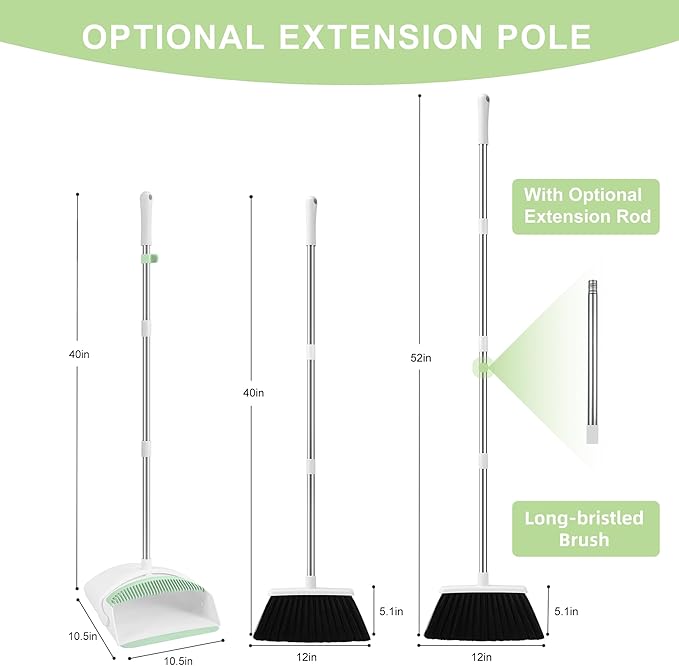 BSKLIN Broom and Dustpan Set, Broom with Dustpan Combo Set with Teeth to Clean Pet Hair 52-in Long Adjustable Handle Broom for Home Office Kitchen Lobb (Green)