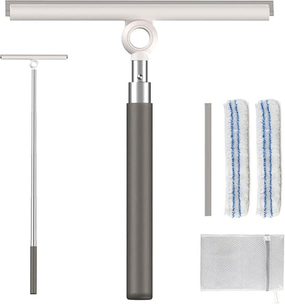 Shower Squeegee for Glass Doors, Telescopic 2-in-1 Squeegee for Window Cleaning with Microfiber Scrubber for Bathroom, Tile Wall, Car Windshield