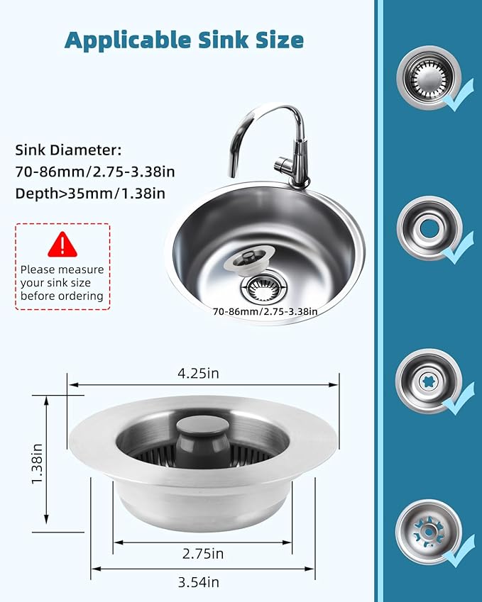 Universal 3 in 1 Kitchen Sink Stopper Strainer, 2PCS 304 Stainless Steel Pop Up Sink Drain Strainer with Handle Rod for US Standard 3-1/2 inch Drain Filter, Anti-Clog
