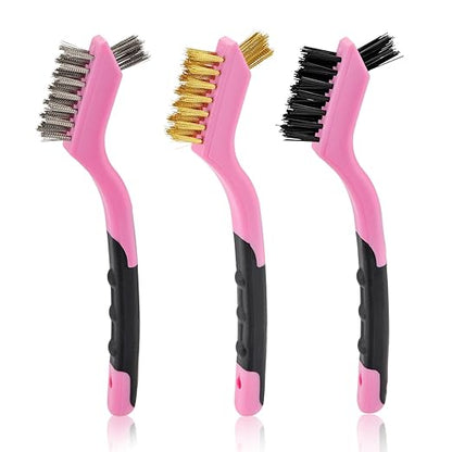 MAXMAN Wire Brush Set 6Pcs Small Wire Brushes Set, Stainless Steel/Brass/Nylon Bristles, Household Deep & Gentle Cleaning Brush, Scratch Brushes for Dirt, Paint Scrubbing, Rust Remover, Pink.