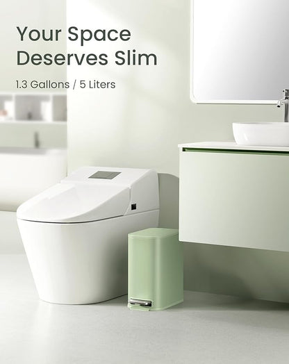 Cesun Small Bathroom Trash Can with Lid Soft Close, Step Pedal, 5 Liter / 1.3 Gallon Stainless Steel Garbage Can with Removable Inner Bucket, Waste Basket for Bathroom, Bedroom (Green)