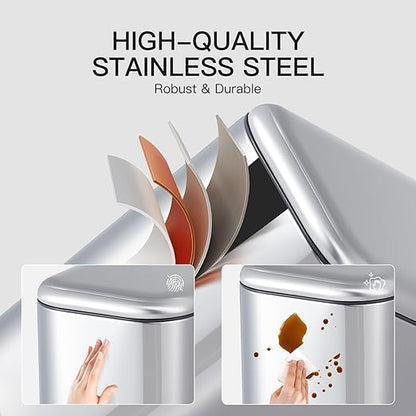 GlowSol Bathroom Trash Can with Lid, 3.2 Gallon 12 L Stainless Steel Step Trash Can with Removable Liner Bucket, Slim Small Wastebasket for Toilet Bedroom Office, Silver