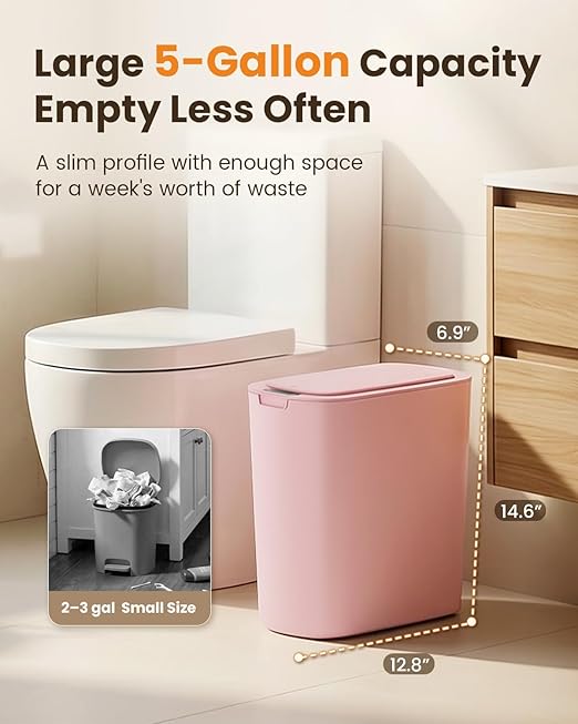 Cesun Motion Sensor Trash Can, 5 Gallon Automatic Bathroom Garbage Can with Lid, Touchless Smart Plastic Slim Wastebasket for Bathroom, Office, rv, Bedroom, Living Room, Pink