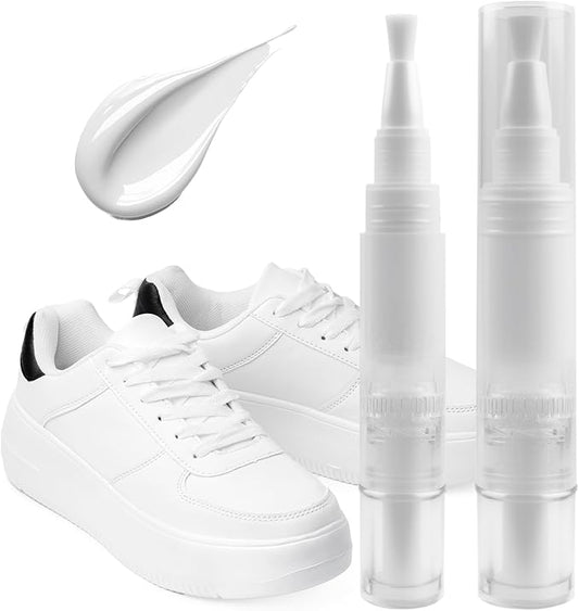 2 Pack White Shoe Paint Polish Pen with Brush Tip, Permanent Waterproof Leather Paint for Shoes, Sneakers, Bags & Purses | Stain Remover, Leather Restorer, Scuff Repair, Shoe Whitener