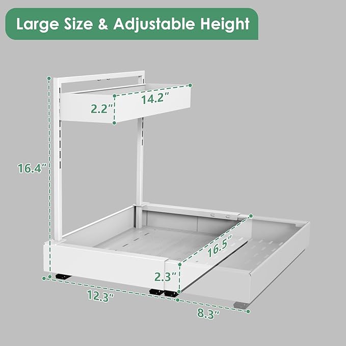 REALINN L-Shaped Under Sink Organizer with 6-Level Height Adjustment & Expandable Width, Pull-Out Cabinet Storage Rack with Quiet Sliding Rails for Kitchen, Bathroom, Laundry Room Cabinets, White