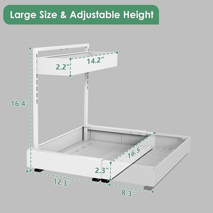 REALINN L-Shaped Under Sink Organizer with 6-Level Height Adjustment & Expandable Width, Pull-Out Cabinet Storage Rack with Quiet Sliding Rails for Kitchen, Bathroom, Laundry Room Cabinets, White